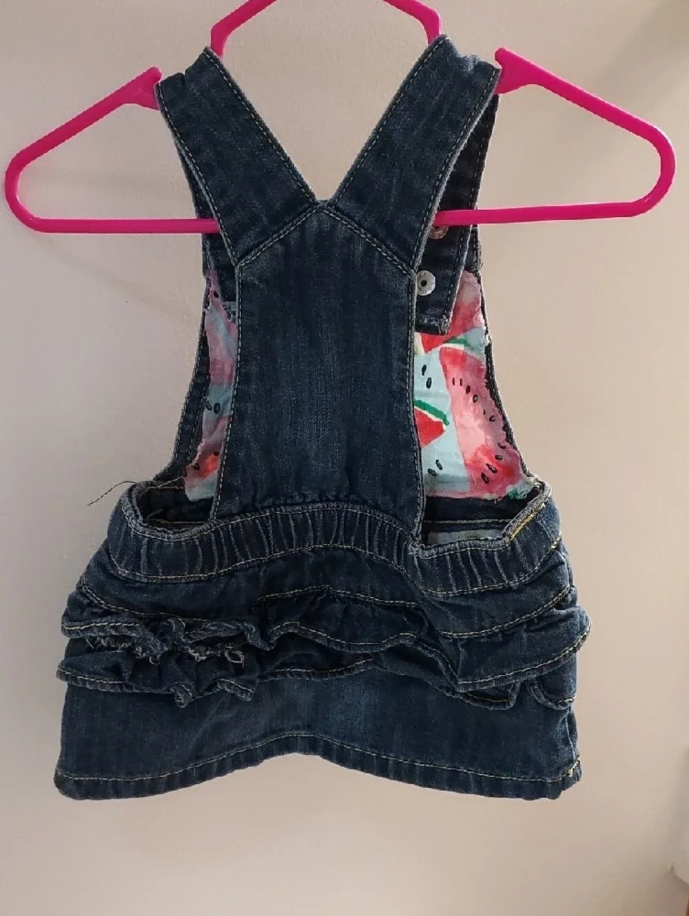 Old Navy Denim Overall Dress with Pink & Green Watermelon Print
